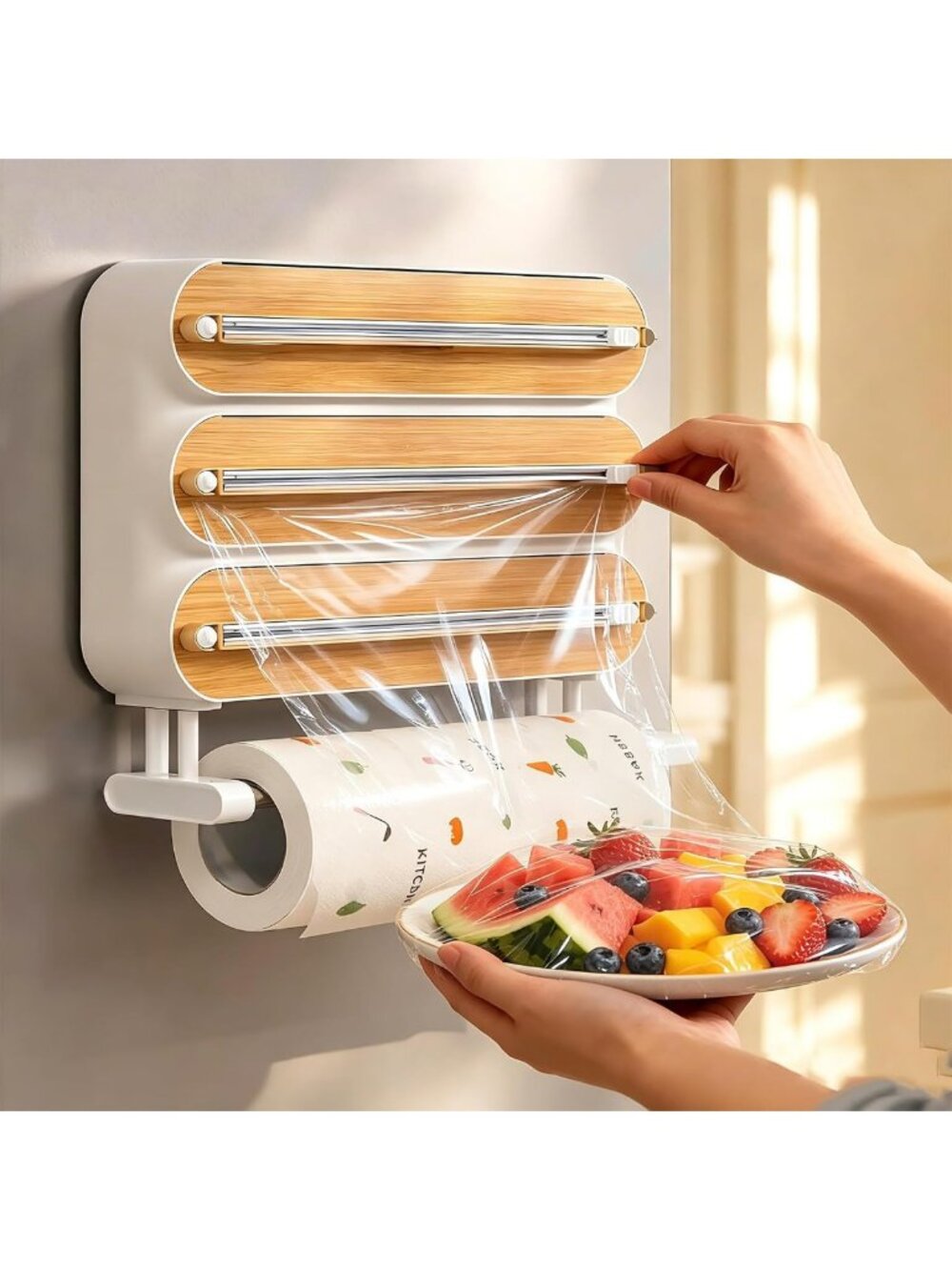4-in-1 Plastic Wrap Dispenser & Cutter | Wooden Foil Organizer for Kitchen